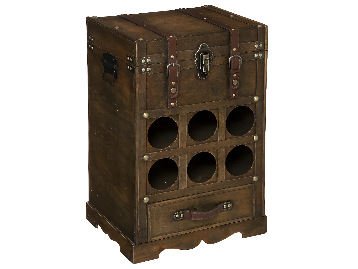 Coffre mini Bar rétro en bois 6 cases à bouteilles H 58.5 cm