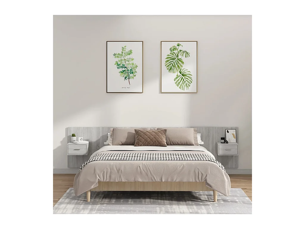 Betongrijs bewerkt houten hoofdeinde met kasten