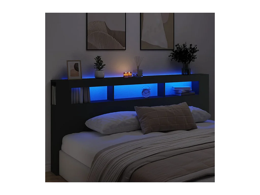 Cabecero LED negro 220x18,5x103,5 cm madera de ingeniería