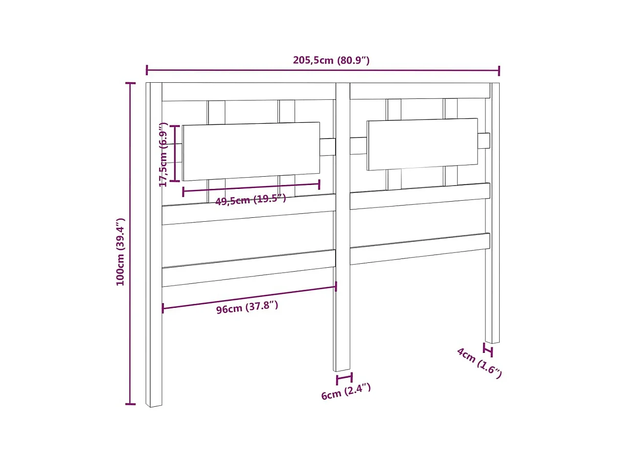 Zwart hoofdbord 205,5x4x100 cm Massief grenenhout