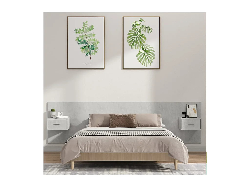 Betongrijs bewerkt houten hoofdeinde met kasten