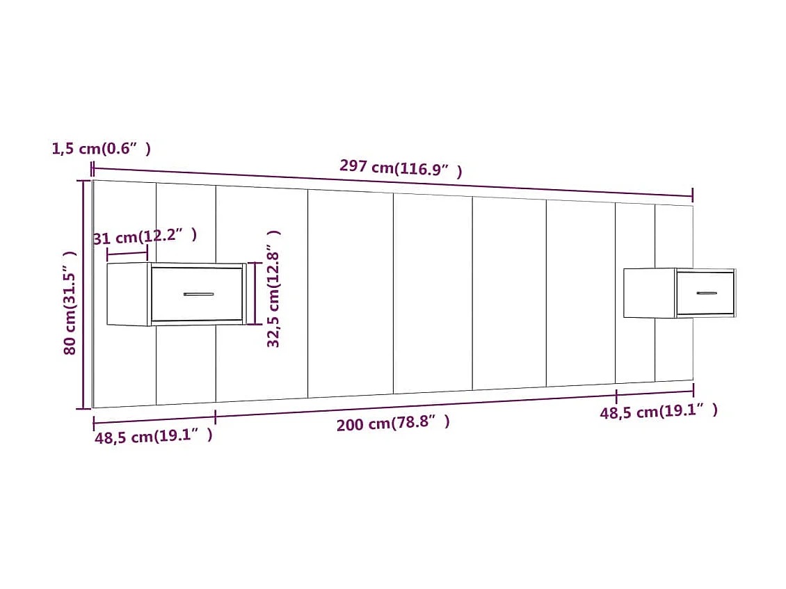 Betongrijs bewerkt houten hoofdeinde met kasten
