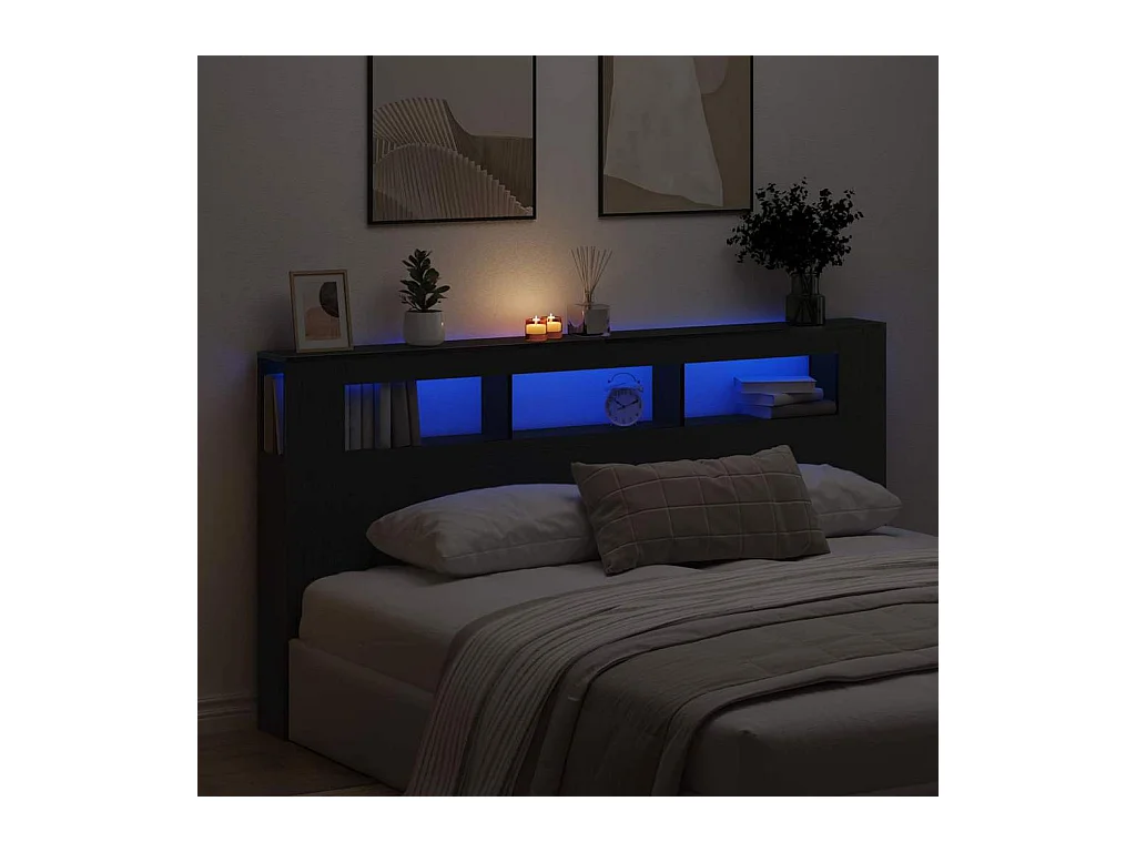 Tête de lit LED avec étagère Chêne noir 200 x 18.5 x 103.5 cm