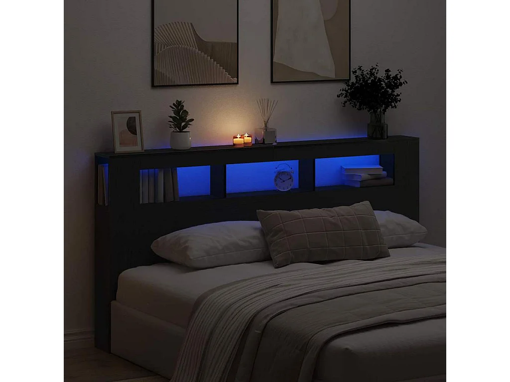 Tête de lit LED avec étagère Chêne noir 200 x 18.5 x 103.5 cm