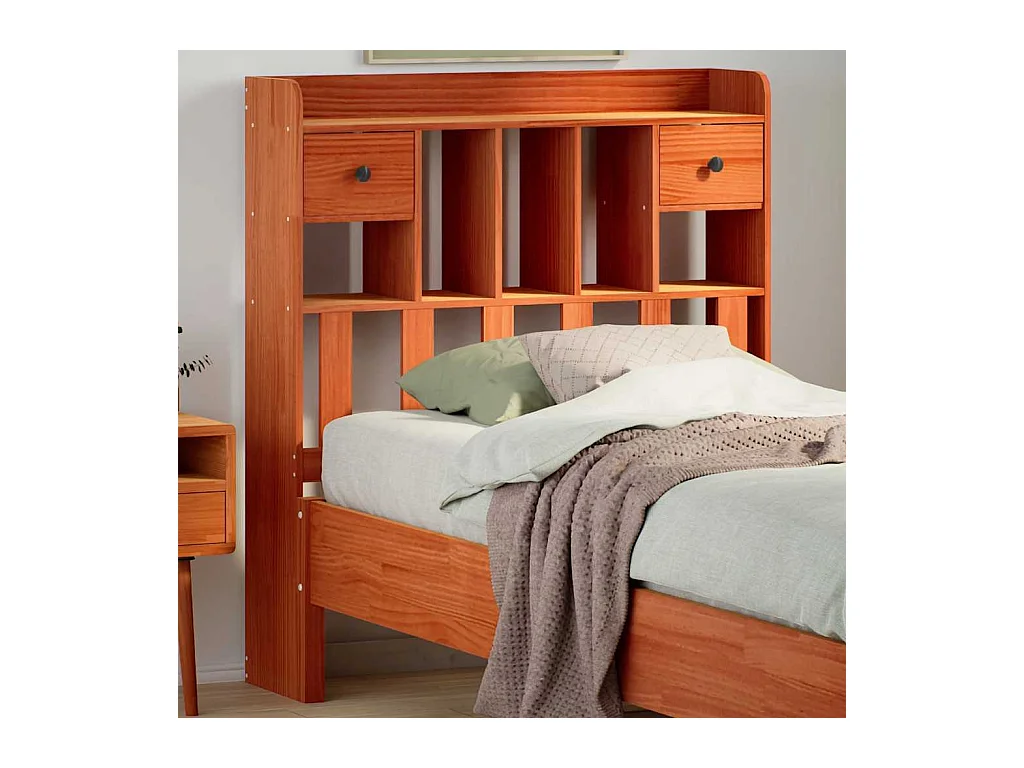 Cabecero encerado marrón con almacenaje 100cm madera maciza de pino