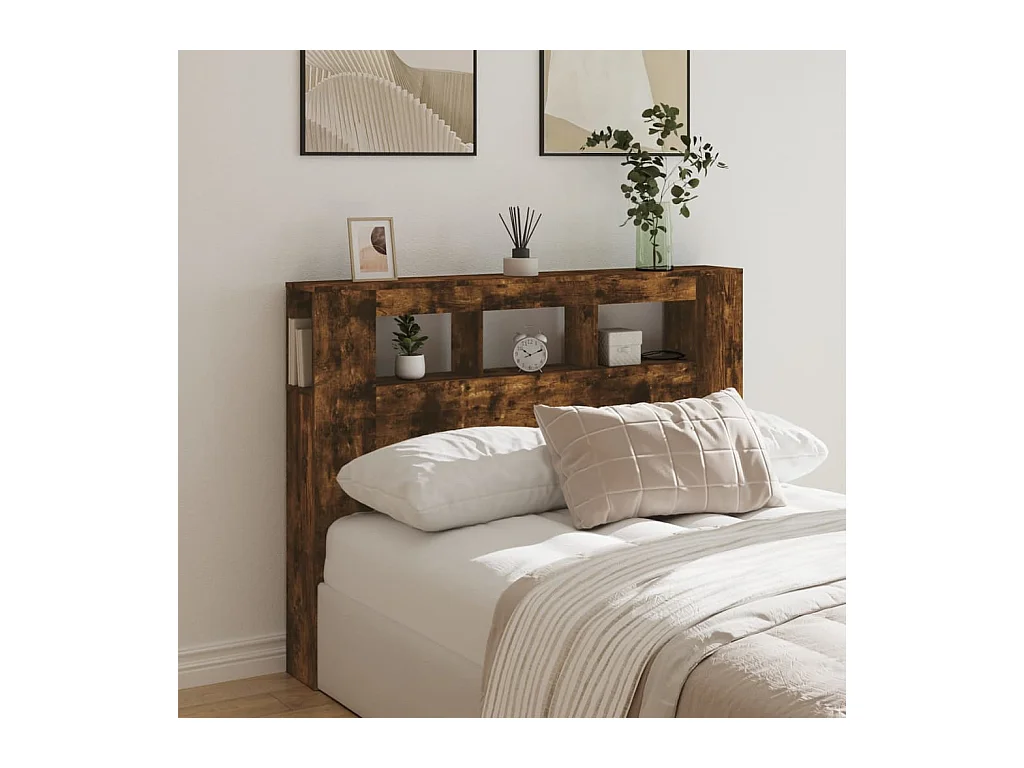 Gerookt eiken LED hoofdbord 140x18,5x103,5cm bewerkt hout