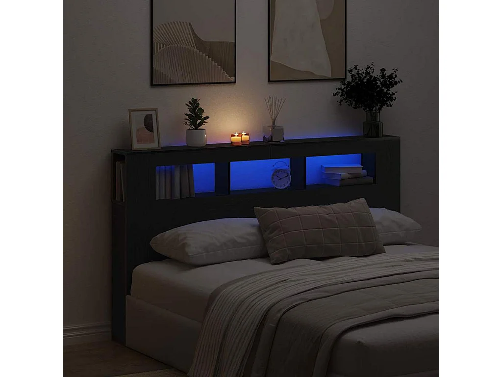 Tête de lit LED avec étagère Chêne noir 180 x 18.5 x 103.5 cm
