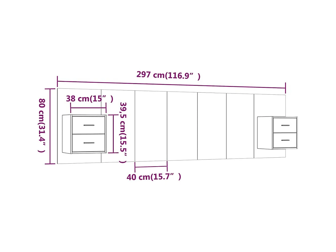 Betongrijs bewerkt houten hoofdeinde met kasten
