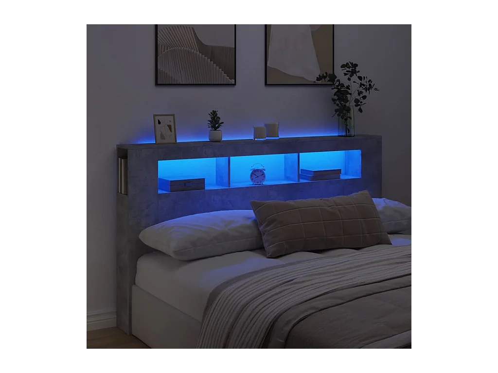 Betongrijs LED hoofdbord 180x18,5x103,5cm bewerkt hout