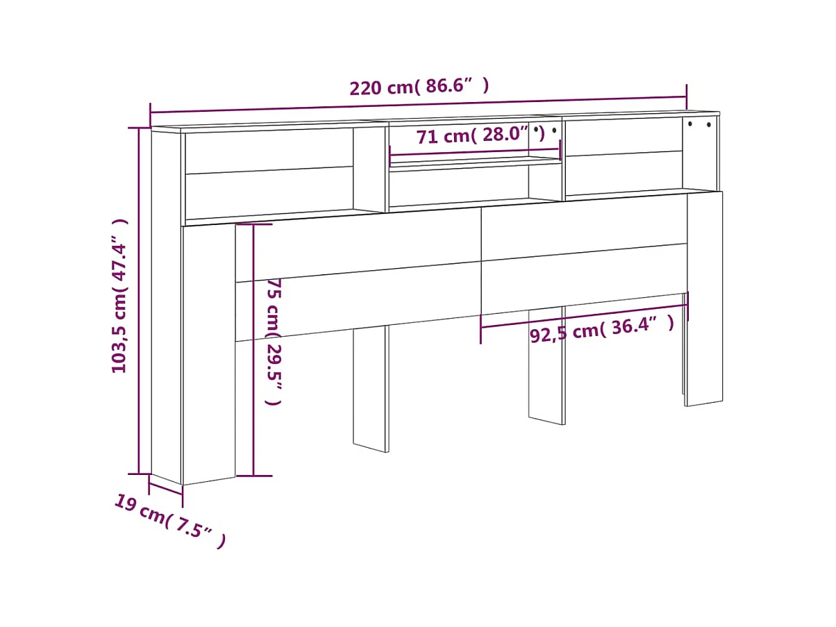 Zwarte hoofdbordkast 220x19x103,5 cm