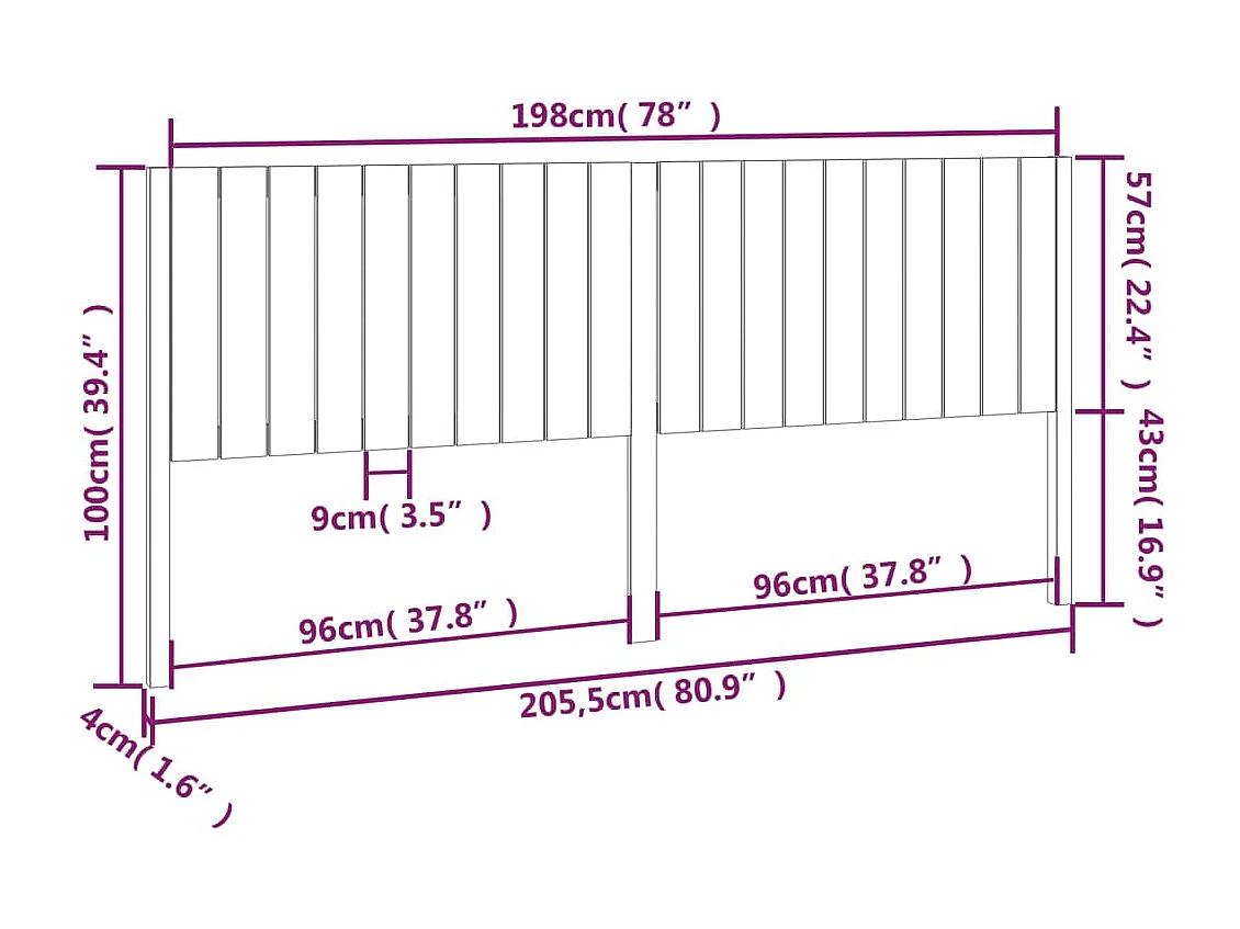 Zwart hoofdbord 205,5x4x100 cm Massief grenenhout