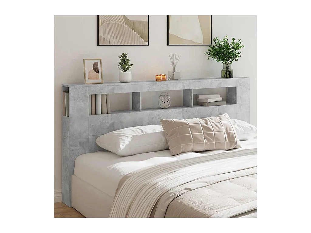 Betongrijs LED hoofdbord 200x18,5x103,5cm bewerkt hout