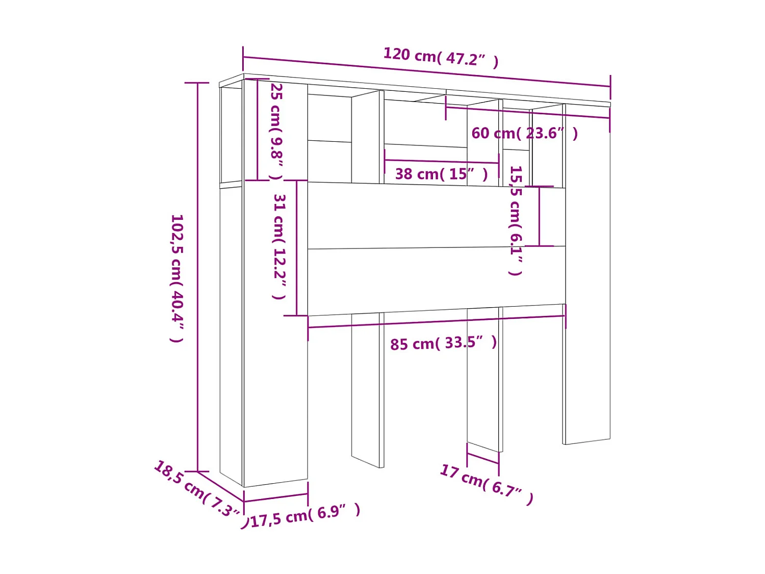 Betongrauer Kopfteilschrank 120x18,5x102,5 cm
