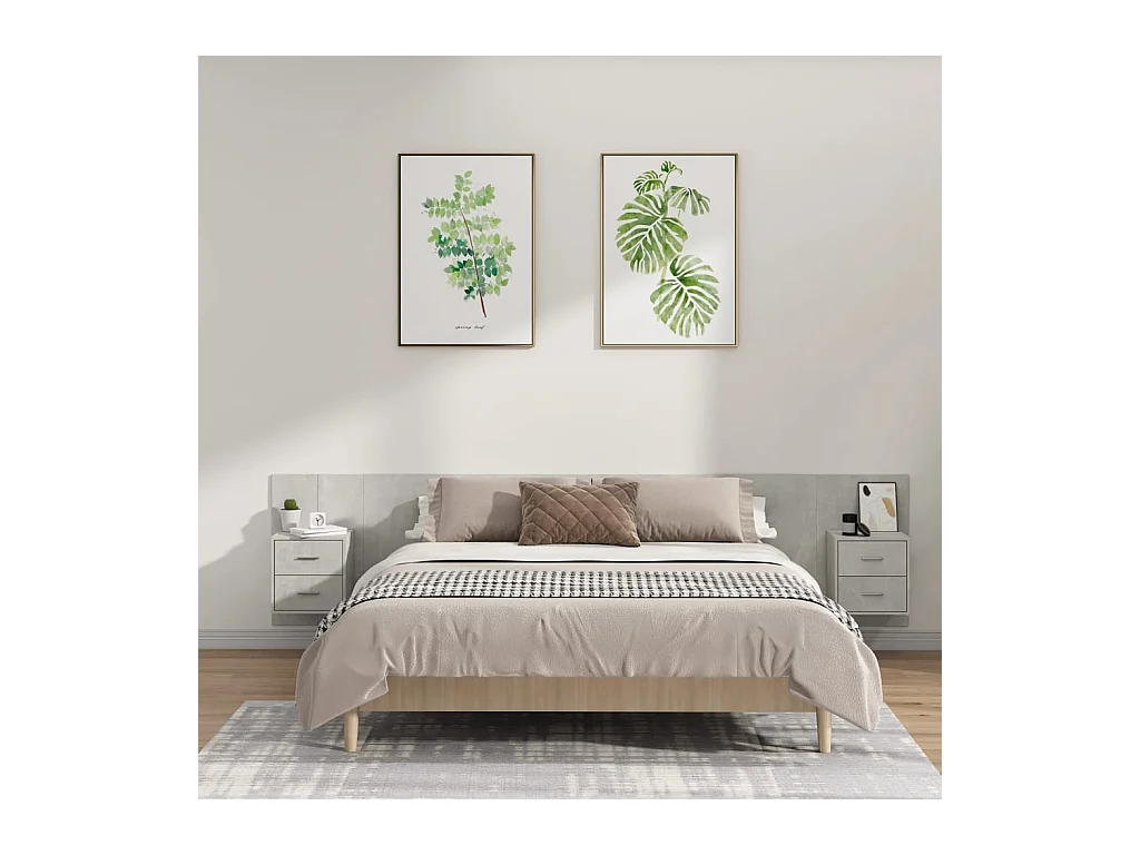 Betongrijs bewerkt houten hoofdeinde met kasten