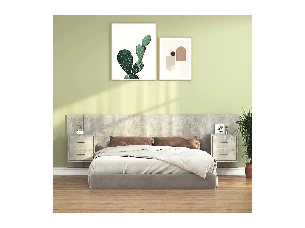 Betongrijs bewerkt houten hoofdeinde met kasten