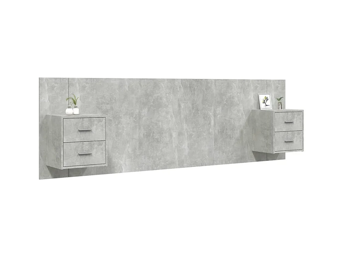 Betongrijs bewerkt houten hoofdeinde met kasten