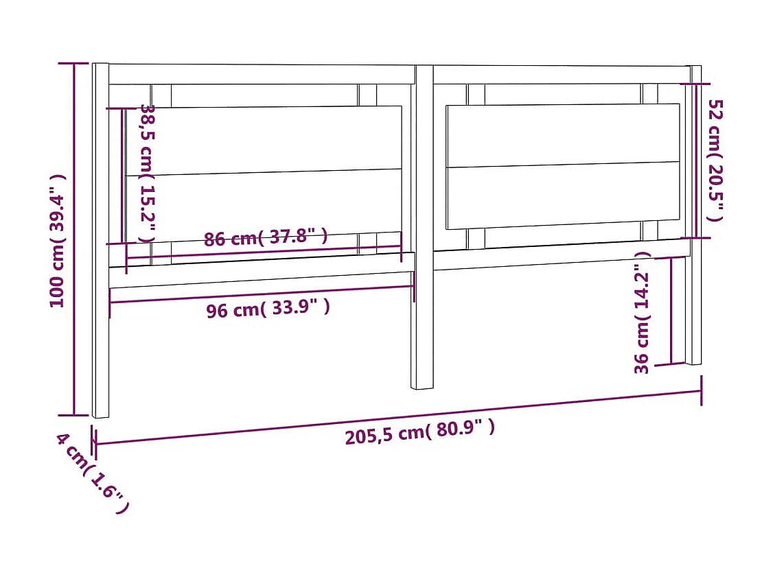 Zwart hoofdbord 205,5x4x100 cm Massief grenenhout