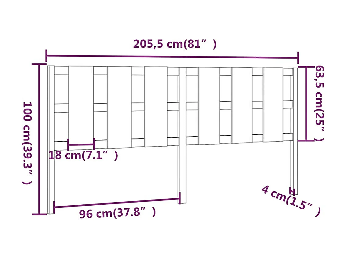 Zwart hoofdbord 205,5x4x100 cm Massief grenenhout
