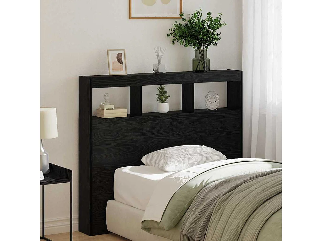 Cabecero Mueble con LED Roble Negro 122 x 17 x 102 cm