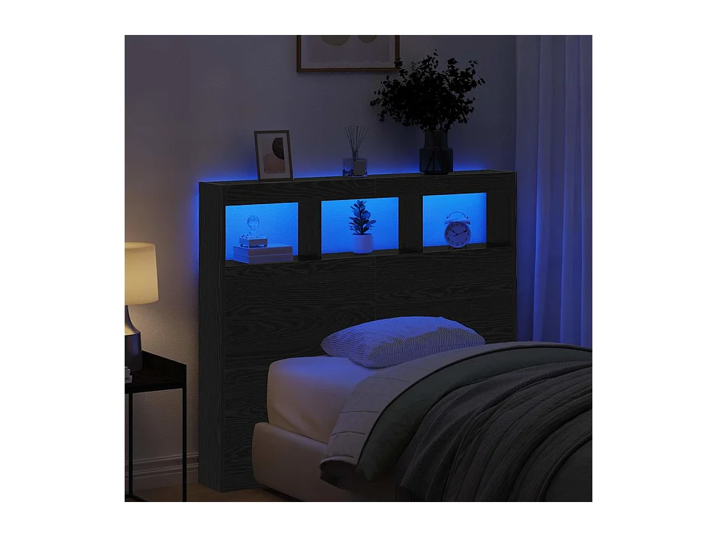 Cabecero Mueble con LED Roble Negro 122 x 17 x 102 cm