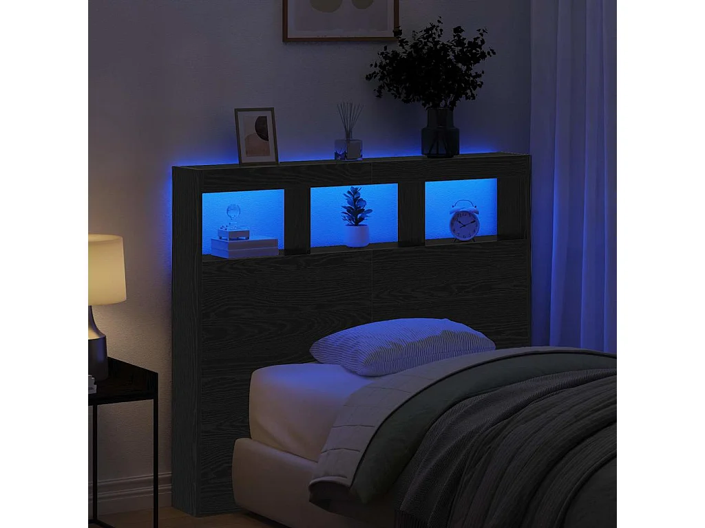 Cabinet de Tête de Lit avec LED Chêne noir 122 x 17 x 102 cm