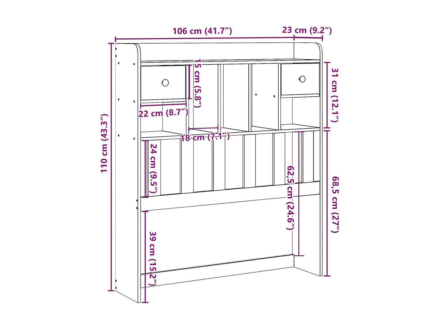 Testiera con contenitore 100 cm in legno massello di pino
