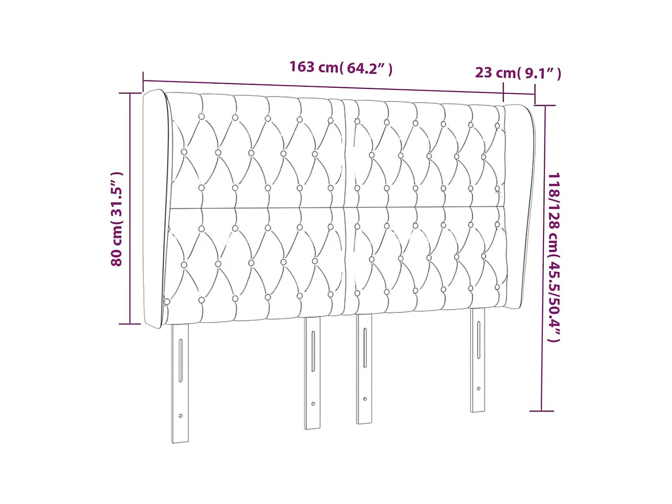 Hoofdbord met vleugels Zwart 163x23x118/128 cm Stof