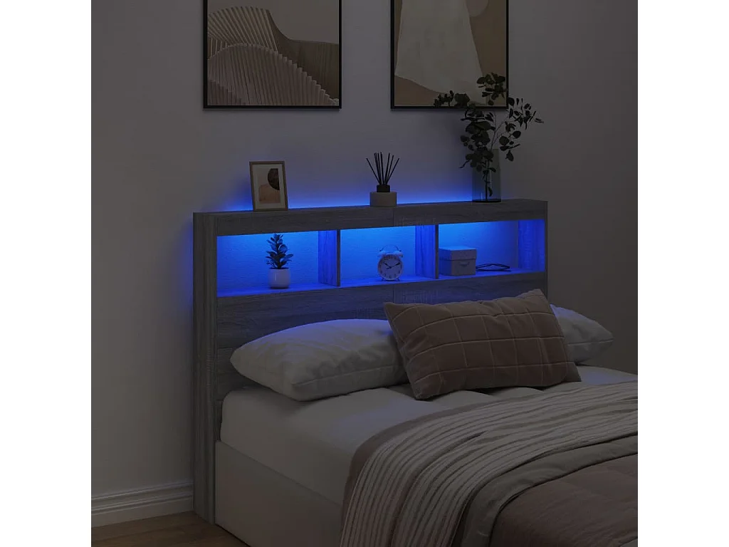 Armadio testiera con LED Sonoma grigio 140x17x102 cm