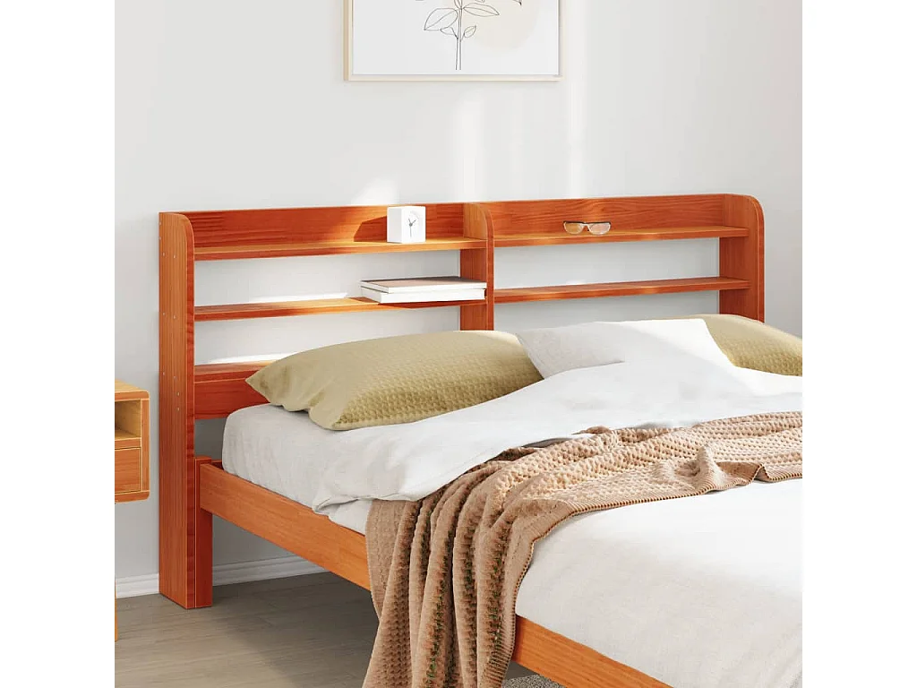 Testiera con ripiani, cera marrone, 160 cm, legno massello di pino