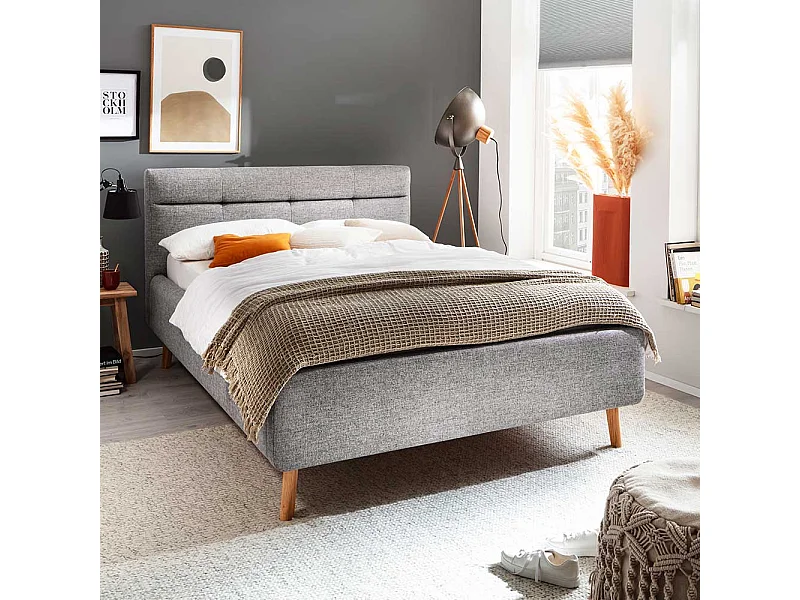 Gepolstertes Bett mit Stauraum in Grau Stoff Vierfußgestell aus Eiche