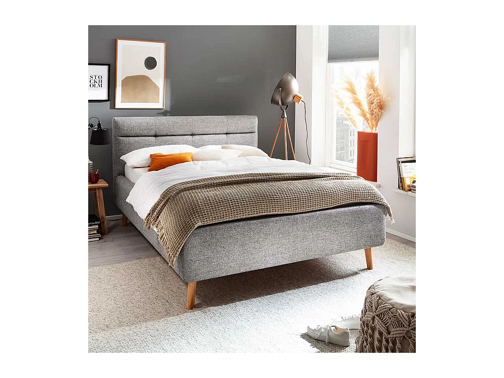 Gepolstertes Bett mit Stauraum in Grau Stoff Vierfußgestell aus Eiche
