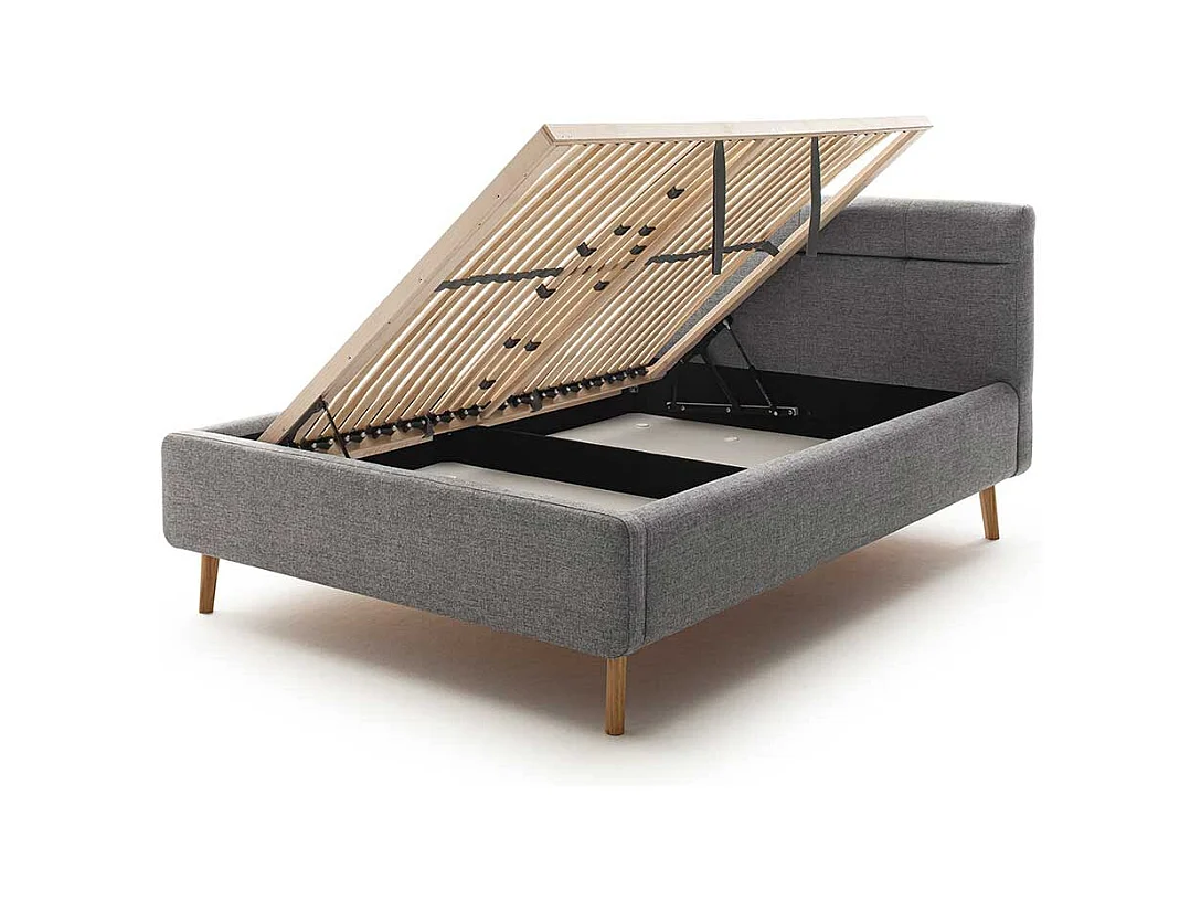Gepolstertes Bett mit Stauraum in Grau Stoff Vierfußgestell aus Eiche