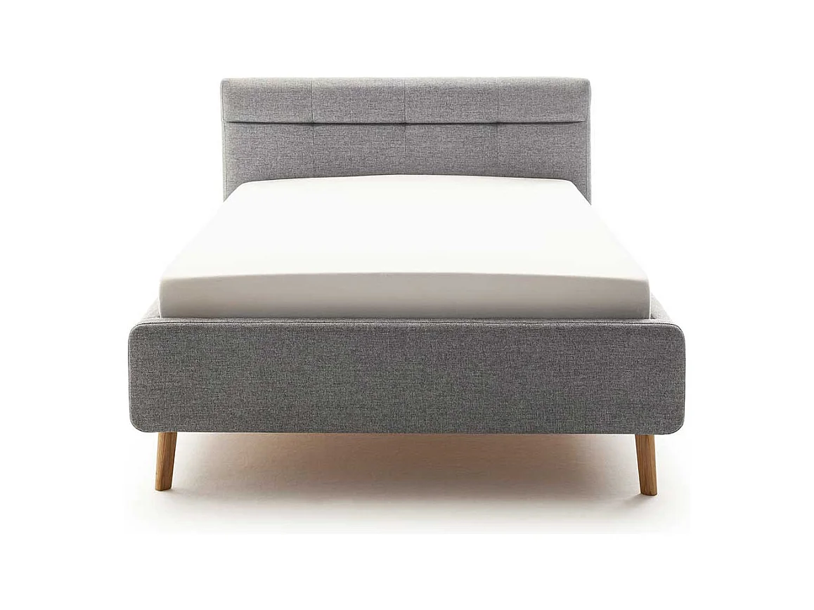 Gepolstertes Bett mit Stauraum in Grau Stoff Vierfußgestell aus Eiche