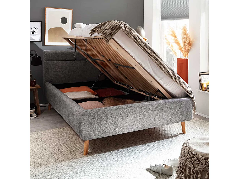 Gepolstertes Bett mit Stauraum in Grau Stoff Vierfußgestell aus Eiche