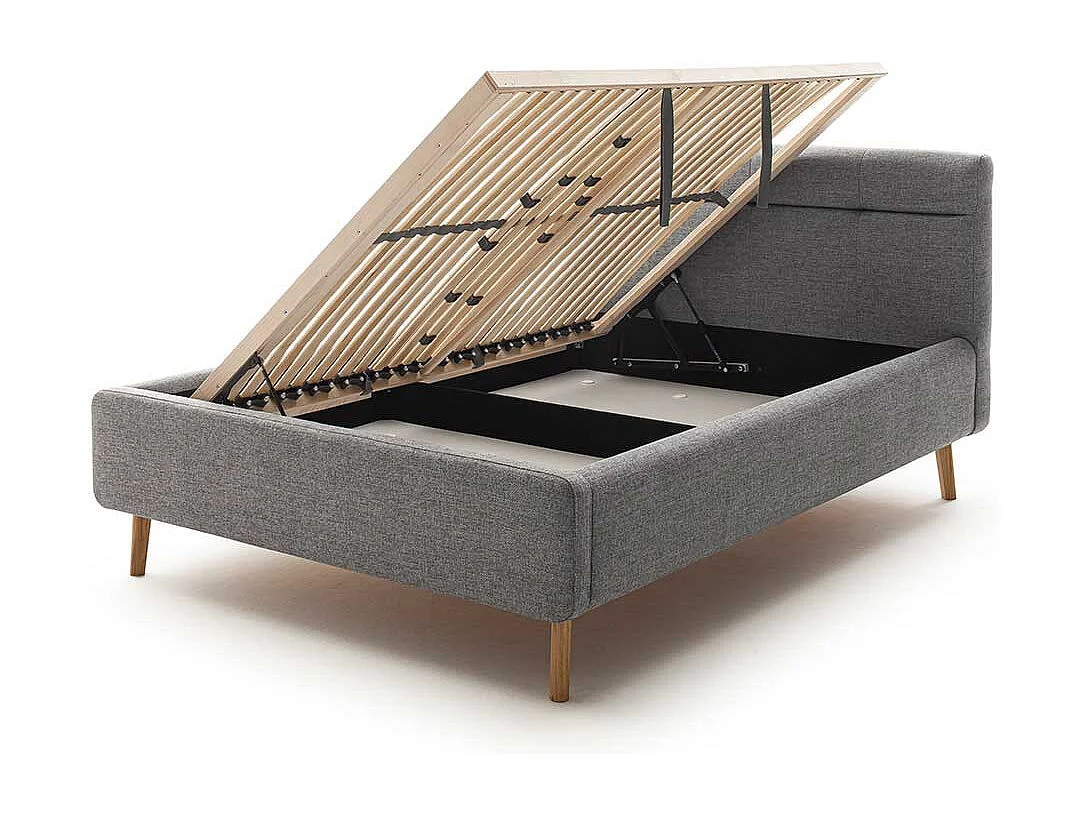 Gepolstertes Bett mit Stauraum in Grau Stoff Vierfußgestell aus Eiche