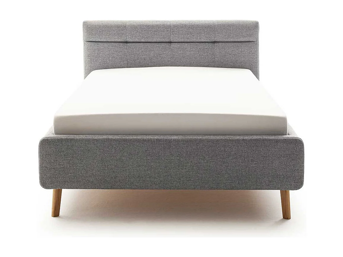 Gepolstertes Bett mit Stauraum in Grau Stoff Vierfußgestell aus Eiche