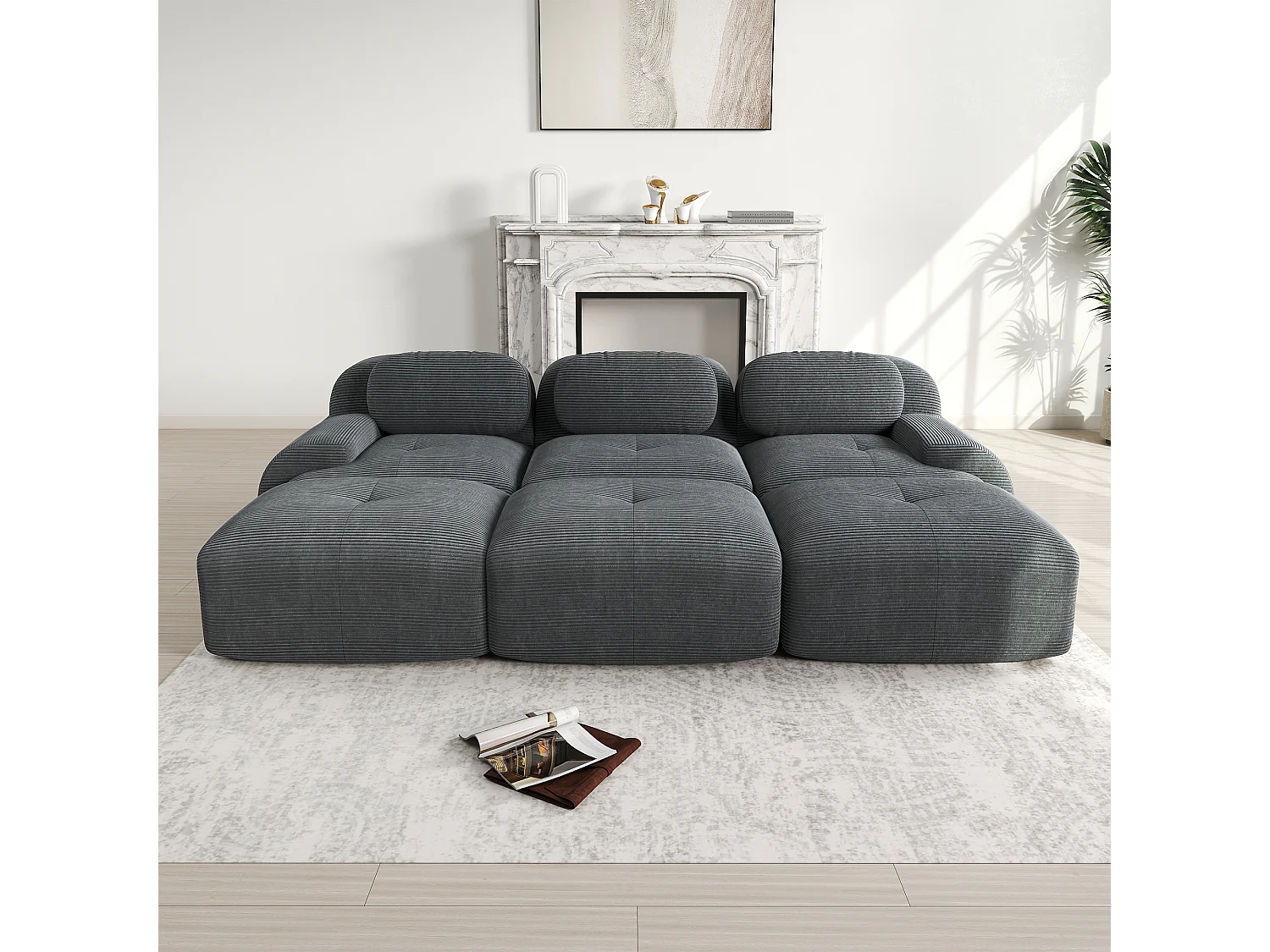 Divano angolare modulare Cordsamt Premium a 3 posti, ergonomico, Grigio (200x85x85 cm)