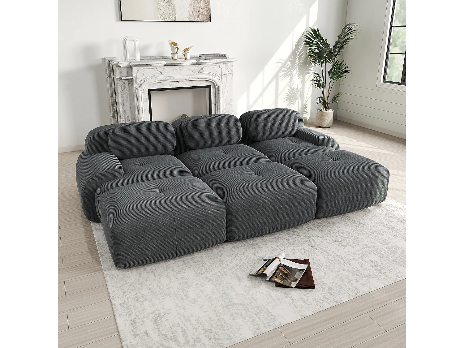 Divano angolare modulare Cordsamt Premium a 3 posti, ergonomico, Grigio (200x85x85 cm)