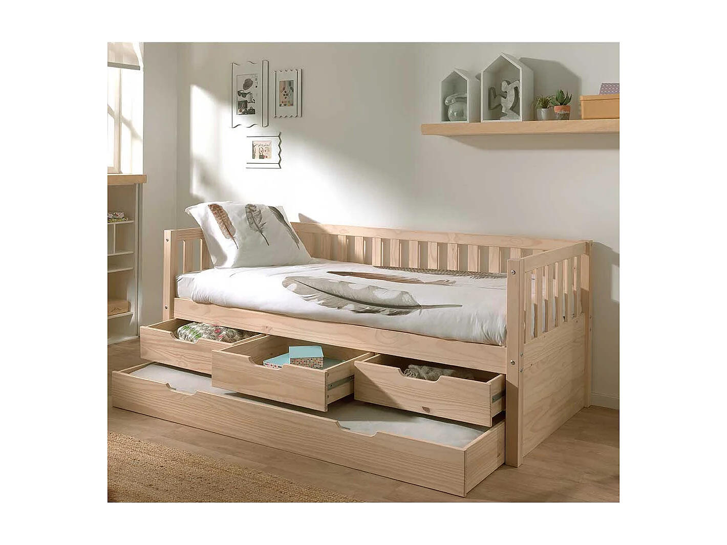 Kojenbett mit Stauraum aus Kiefer Massivholz Skandi Design