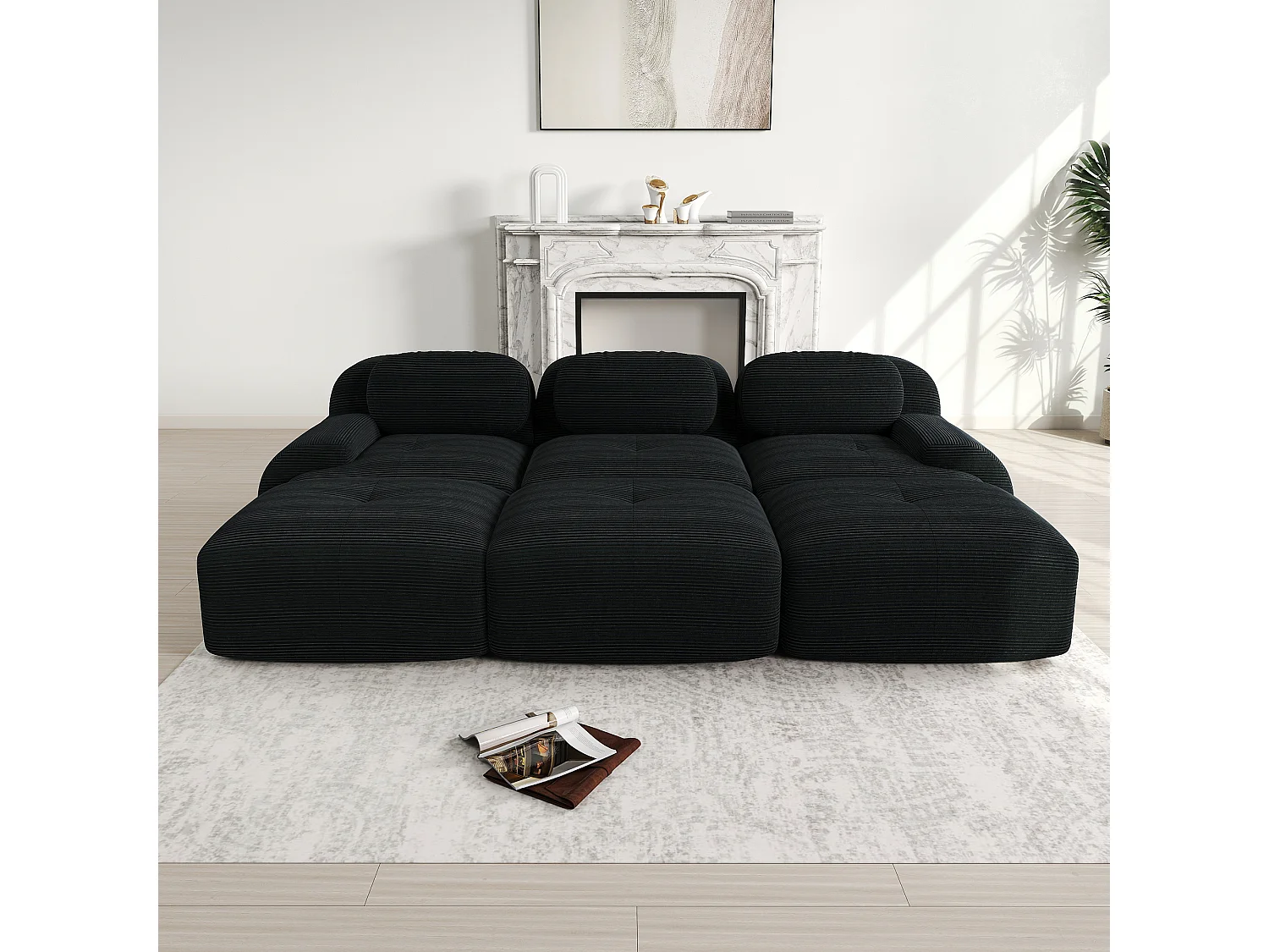 Modulaire 3-zitsbank met 3 voetenbanken, corduroy, geen montage nodig, eenvoudig te verplaatsen, extra brede armleuningen (250x90x85 cm)