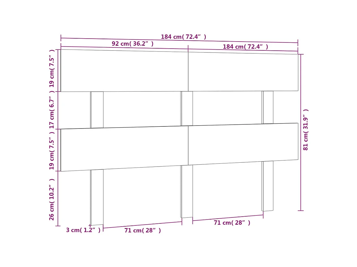 Zwart hoofdbord 184x3x81 cm Massief grenenhout
