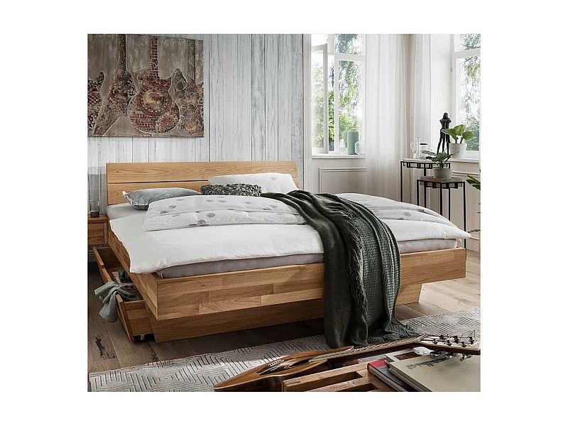 Stauraum Bett aus Wildeiche Massivholz geölt Schublade