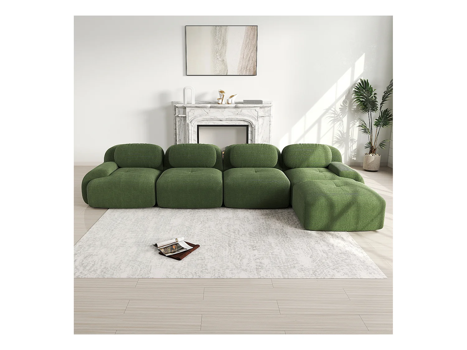 Modulares 4-Sitzer-Ecksofa mit Chaiselongue, Cordsamt, 32D-Polsterung, grün (290x85x80 cm)