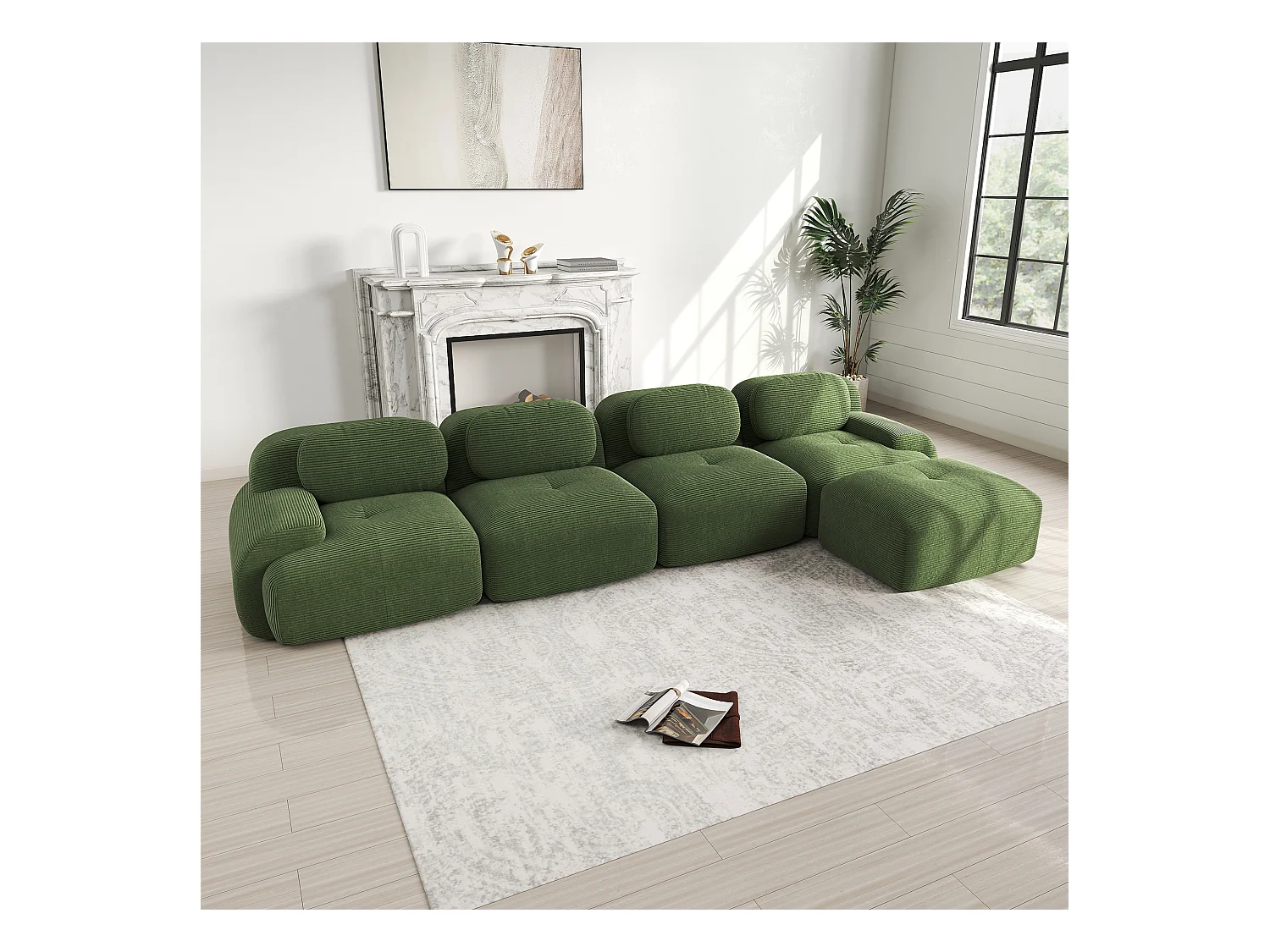 Modulares 4-Sitzer-Ecksofa mit Chaiselongue, Cordsamt, 32D-Polsterung, grün (290x85x80 cm)