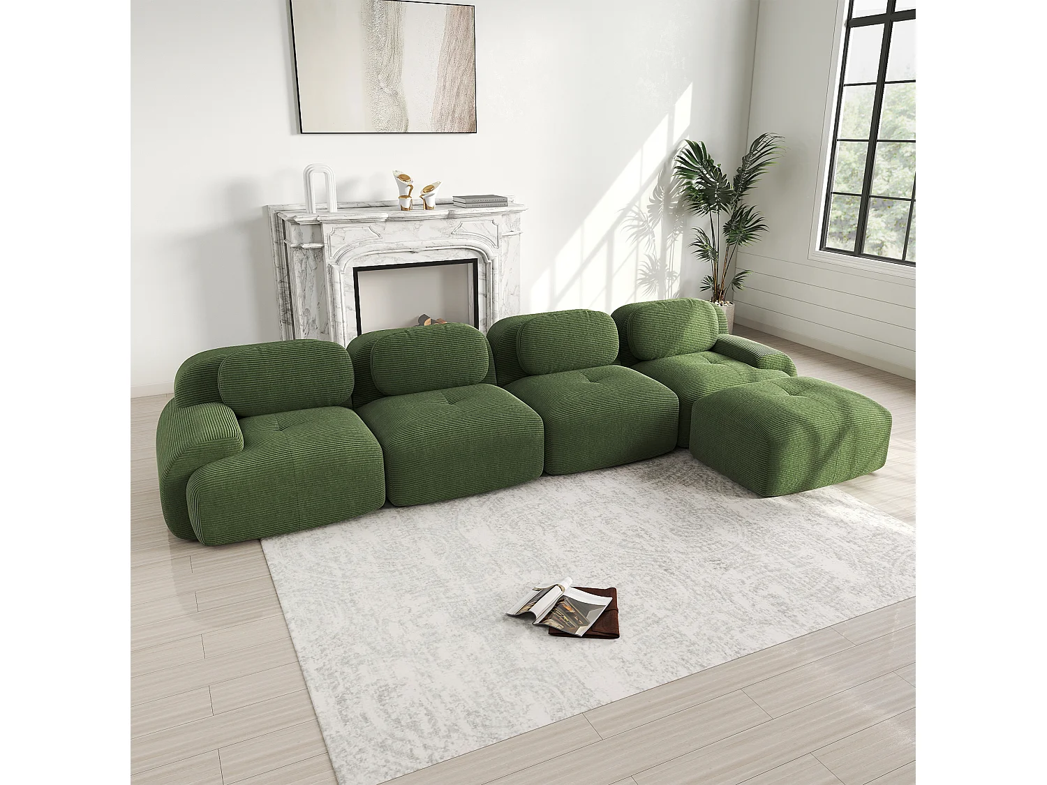 Modulaire 4-zits hoekbank met chaise longue, cordsamt, 32D vulling, groen (290x85x80 cm)
