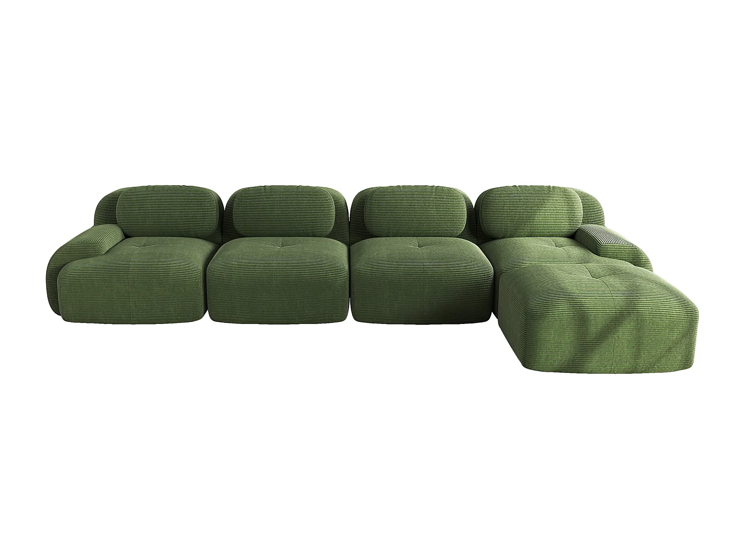 Modulaire 4-zits hoekbank met chaise longue, cordsamt, 32D vulling, groen (290x85x80 cm)