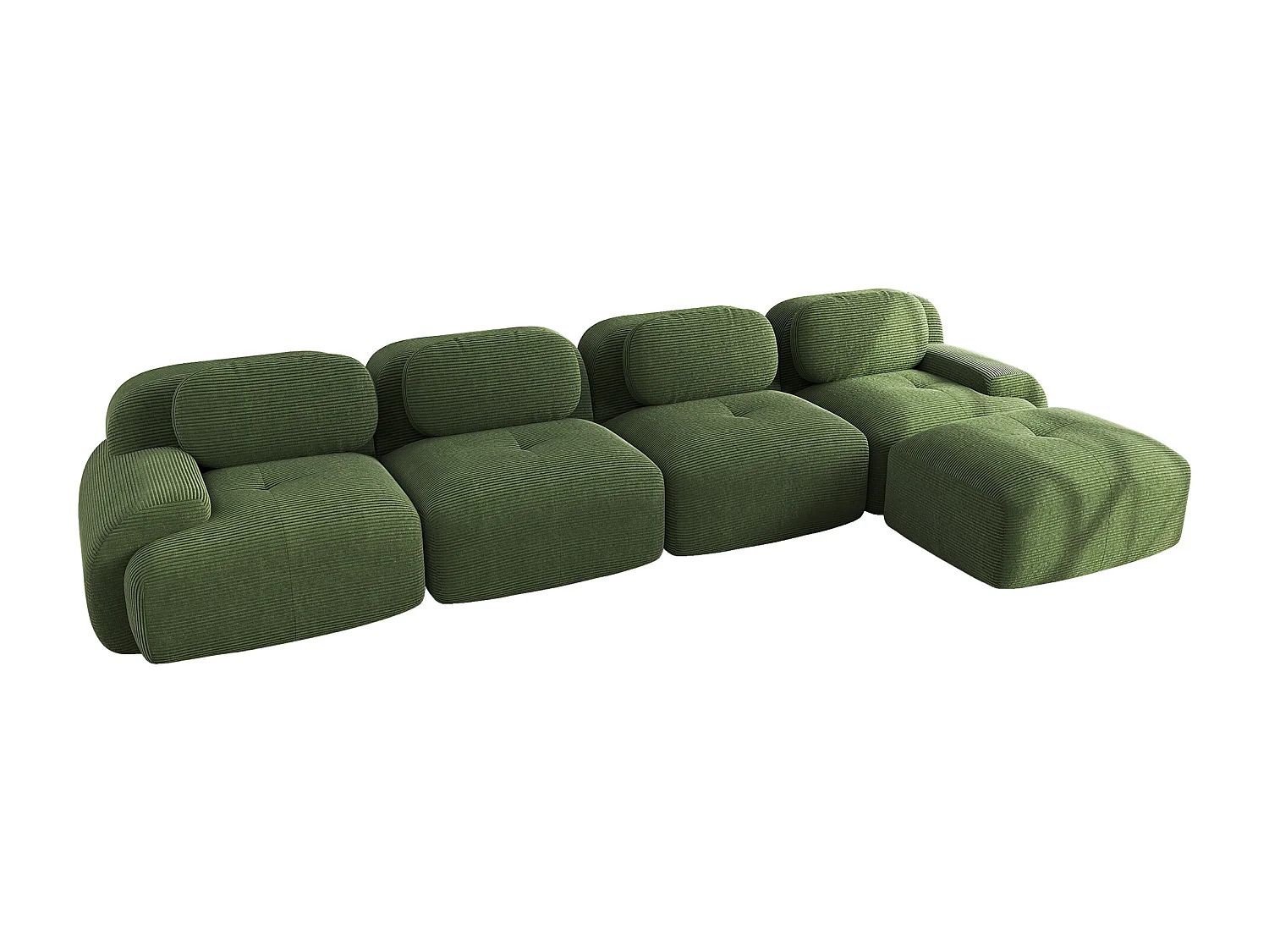 Modulaire 4-zits hoekbank met chaise longue, cordsamt, 32D vulling, groen (290x85x80 cm)