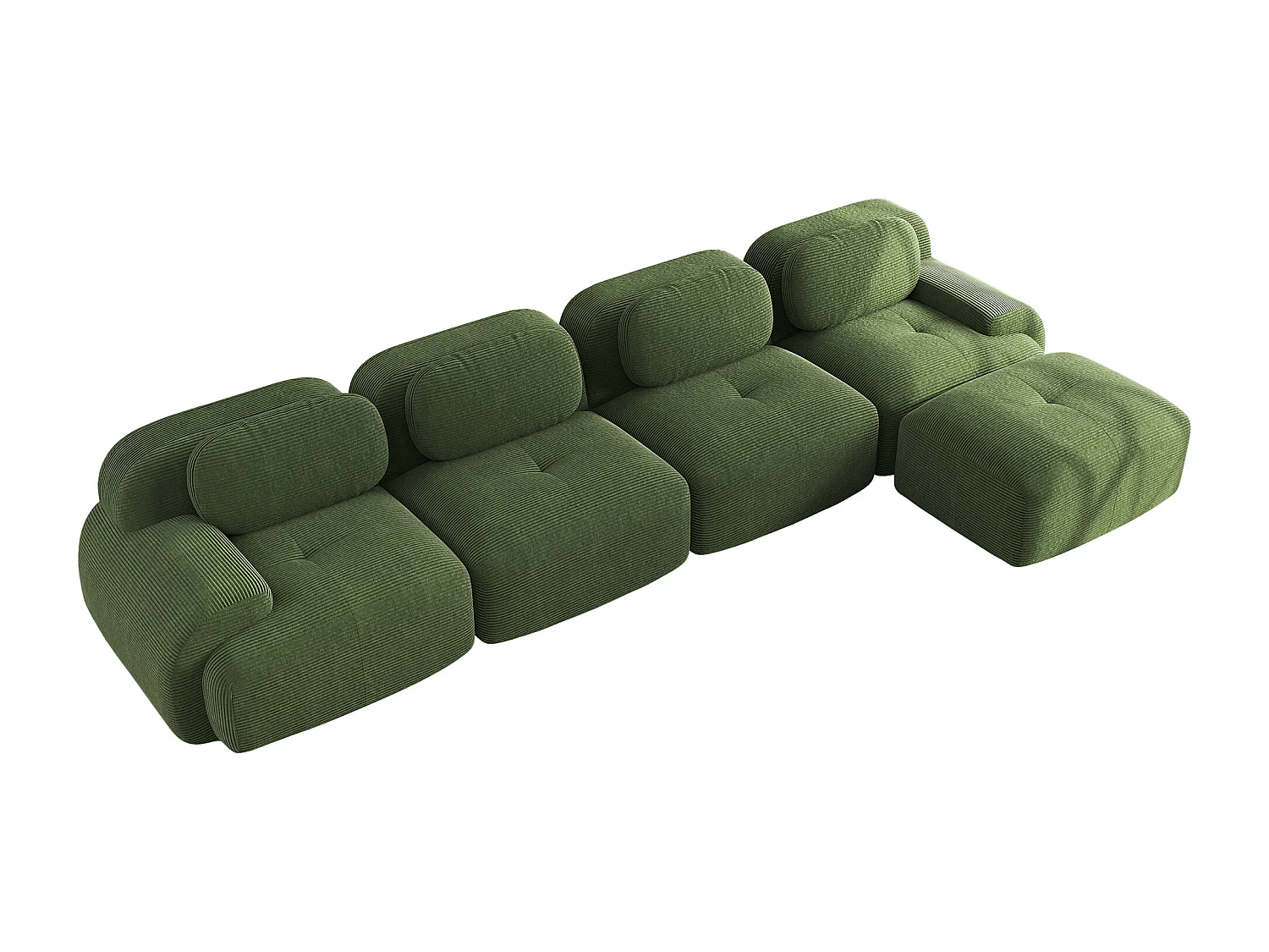 Modulaire 4-zits hoekbank met chaise longue, cordsamt, 32D vulling, groen (290x85x80 cm)