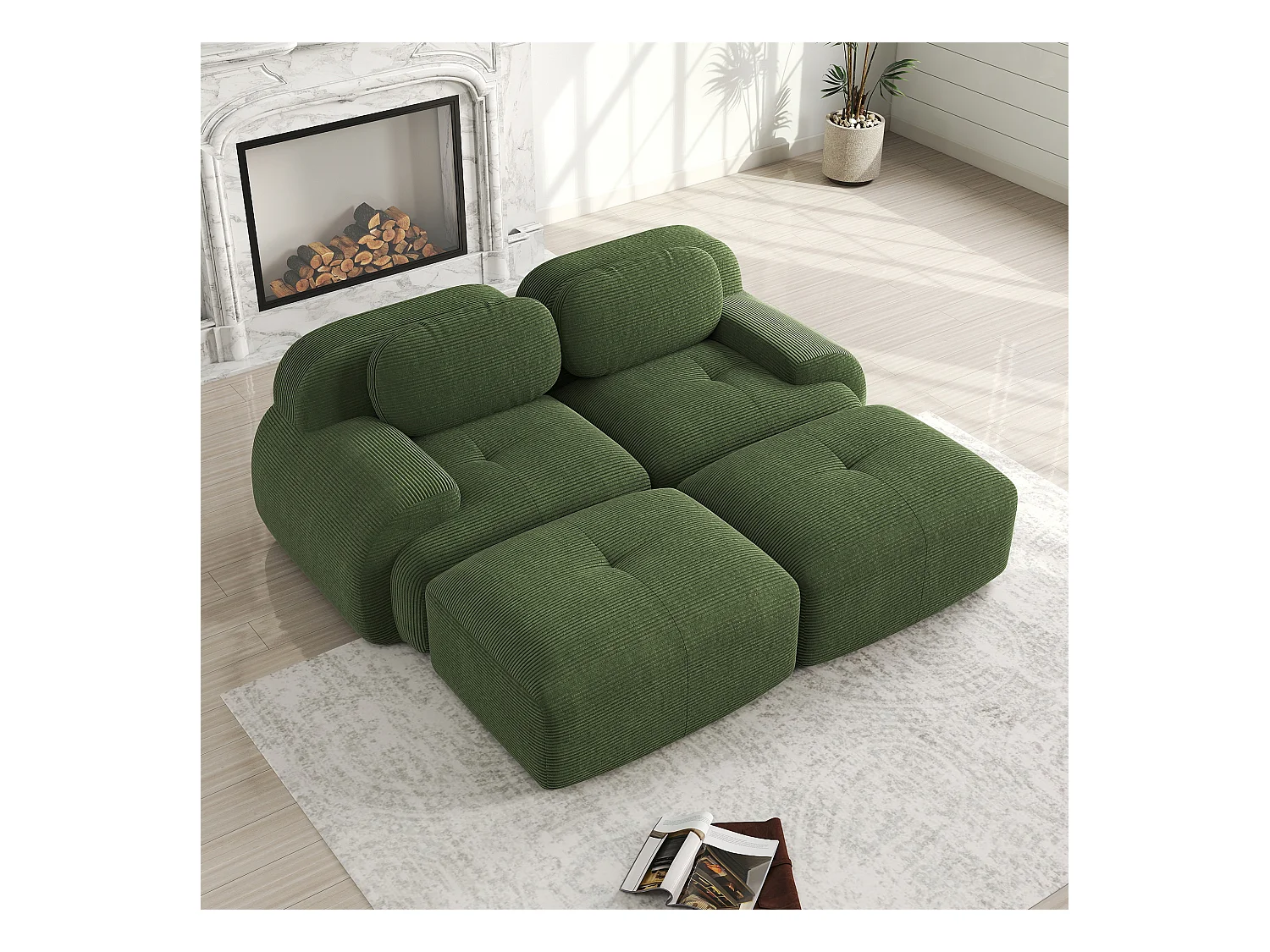 2-Sitzer-Modulsofa in Cordsamt mit Chaiselongue, ergonomischen Armlehnen, elastischer Polsterung, grün (160x85x80 cm)