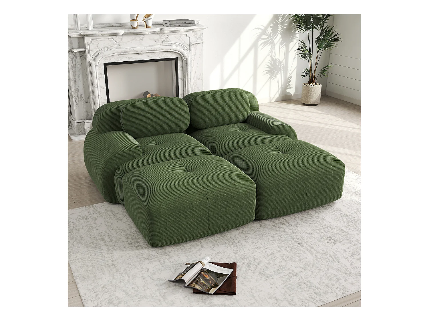 2-Sitzer-Modulsofa in Cordsamt mit Chaiselongue, ergonomischen Armlehnen, elastischer Polsterung, grün (160x85x80 cm)